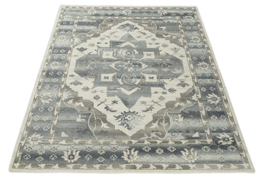 Hand Knotted Gray, Beige and Charcoal Traditional Heriz Serapi Multi size Wool Area Rug, Kids, Living Room and Bedroom Rug