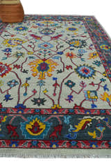 Vibrant colorful Ivory and Charcoal Hand Knotted Traditional Oushak Multi size Wool area Rug