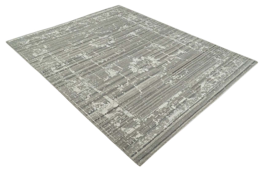 Hand Knotted Ivory and Charcoal Traditional Abstract Natural Wool Custom Made Area Rug, Kids, Living Room and Bedroom Rug