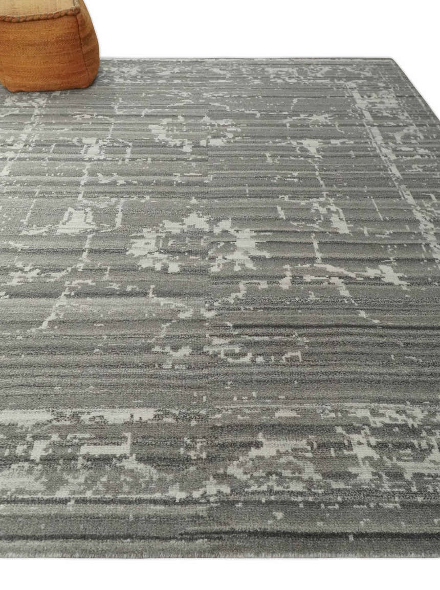 Hand Knotted Ivory and Charcoal Traditional Abstract Natural Wool Custom Made Area Rug, Kids, Living Room and Bedroom Rug