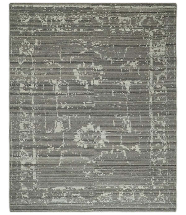 Hand Knotted Ivory and Charcoal Traditional Abstract Natural Wool Custom Made Area Rug, Kids, Living Room and Bedroom Rug