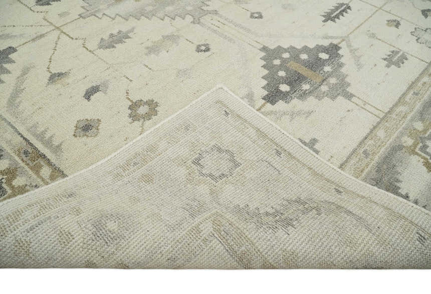 Custom Made Hand Knotted Ivory and Charcoal Traditional Tribal Natural Wool Area Rug, Kids, Living Room and Bedroom Rug