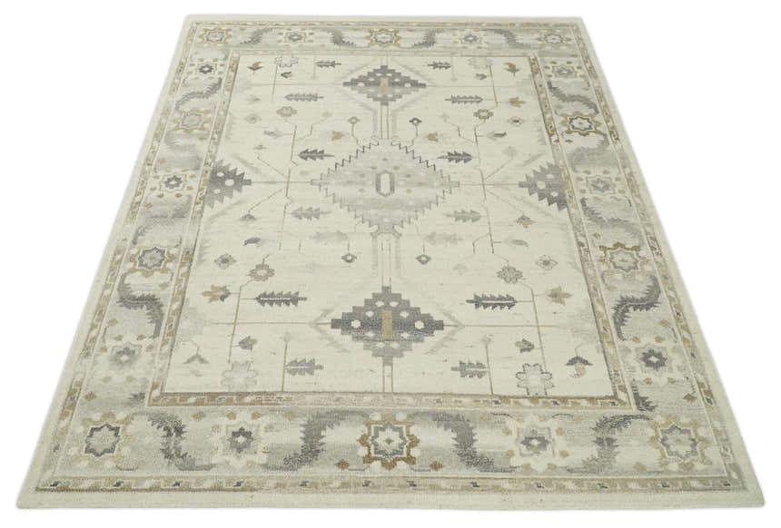 Custom Made Hand Knotted Ivory and Charcoal Traditional Tribal Natural Wool Area Rug, Kids, Living Room and Bedroom Rug