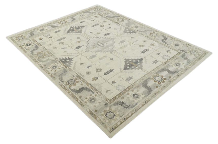 Custom Made Hand Knotted Ivory and Charcoal Traditional Tribal Natural Wool Area Rug, Kids, Living Room and Bedroom Rug