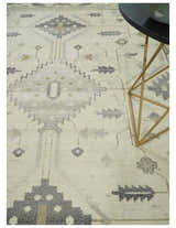 Custom Made Hand Knotted Ivory and Charcoal Traditional Tribal Natural Wool Area Rug, Kids, Living Room and Bedroom Rug