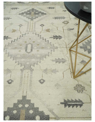 Custom Made Hand Knotted Ivory and Charcoal Traditional Tribal Natural Wool Area Rug, Kids, Living Room and Bedroom Rug