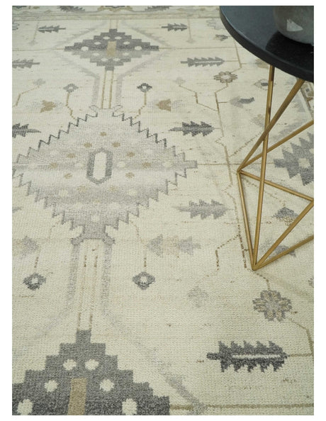 Custom Made Hand Knotted Ivory and Charcoal Traditional Tribal Natural Wool Area Rug, Kids, Living Room and Bedroom Rug