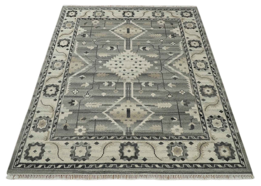 Hand Knotted Ivory and Gray Traditional Tribal Natural Wool Custom Made wool Area Rug, Kids, Living Room and Bedroom Rug