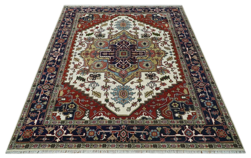Hand Knotted Ivory, Brown and Blue Traditional Antique Style Wool Area Rug