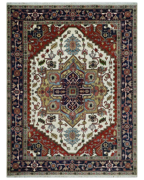 Hand Knotted Ivory, Brown and Blue Traditional Antique Style Wool Area Rug