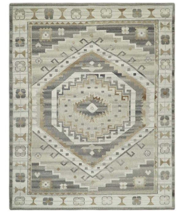Hand Knotted Ivory, Charcoal and Beige Traditional Medallion Natural Wool Custom Made Area Rug, Kids, Living Room and Bedroom Rug