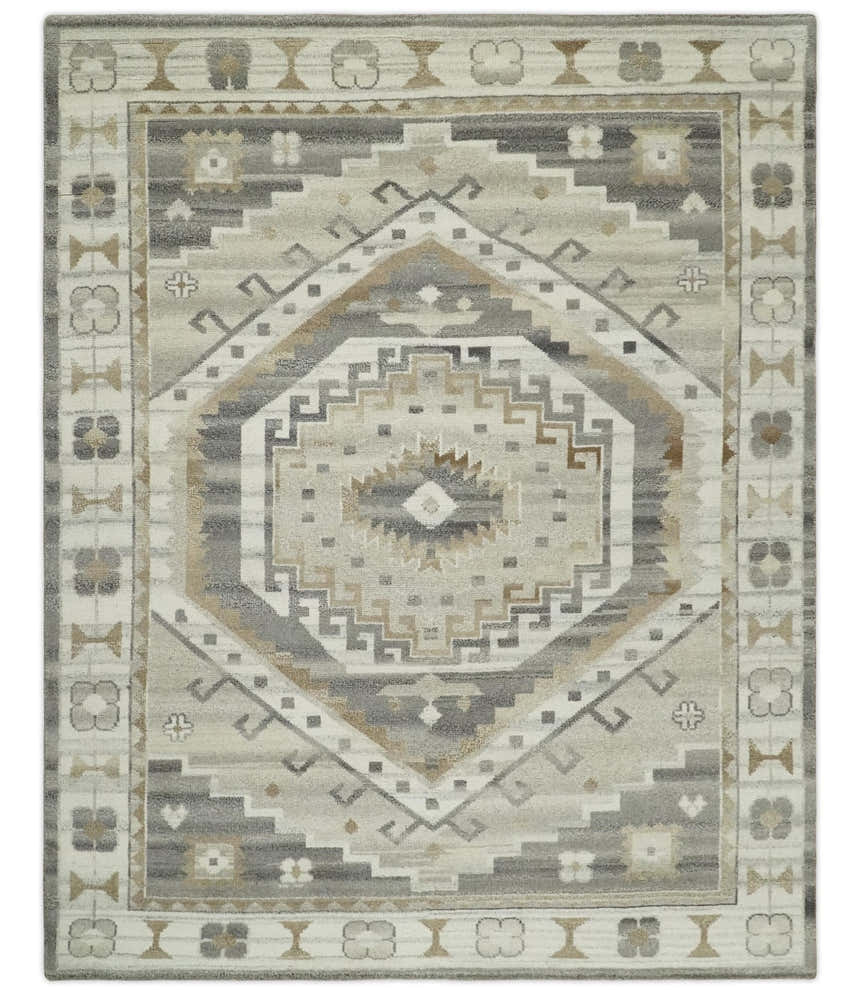 Hand Knotted Ivory, Charcoal and Beige Traditional Medallion Natural Wool Custom Made Area Rug, Kids, Living Room and Bedroom Rug