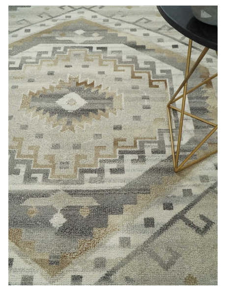 Hand Knotted Ivory, Charcoal and Beige Traditional Medallion Natural Wool Custom Made Area Rug, Kids, Living Room and Bedroom Rug