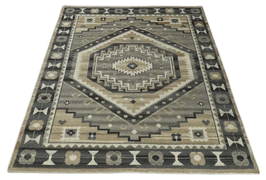 Hand Knotted Ivory, Charcoal and Beige Traditional Medallion Natural Wool Multi Size Area Rug, Kids, Living Room and Bedroom Rug