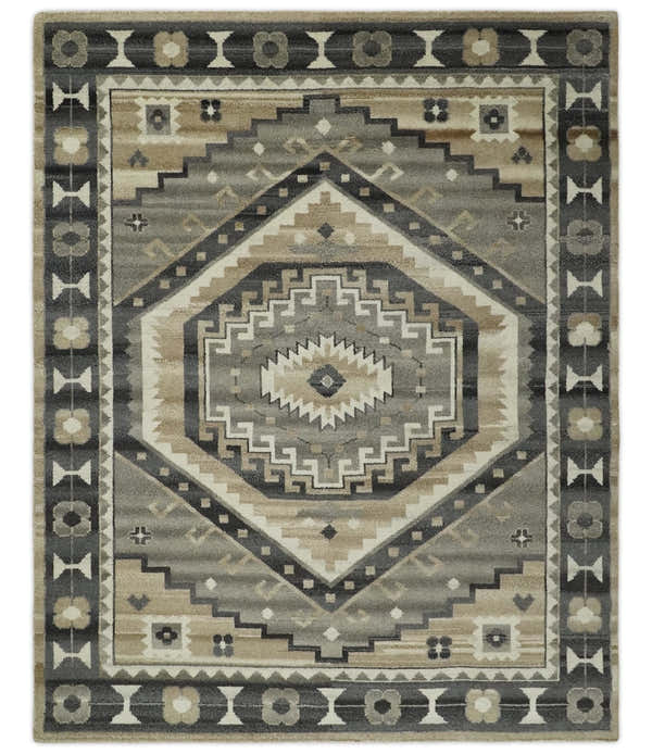 Hand Knotted Ivory, Charcoal and Beige Traditional Medallion Natural Wool Multi Size Area Rug, Kids, Living Room and Bedroom Rug