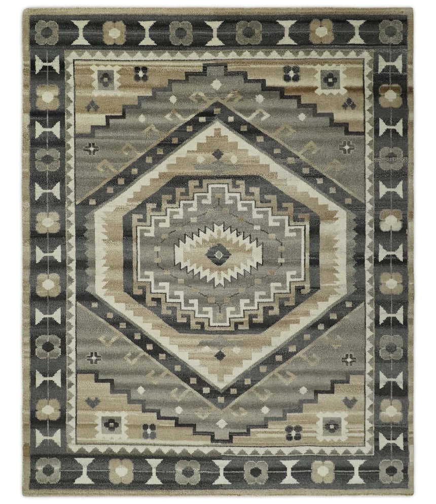Hand Knotted Ivory, Charcoal and Beige Traditional Medallion Natural Wool Multi Size Area Rug, Kids, Living Room and Bedroom Rug