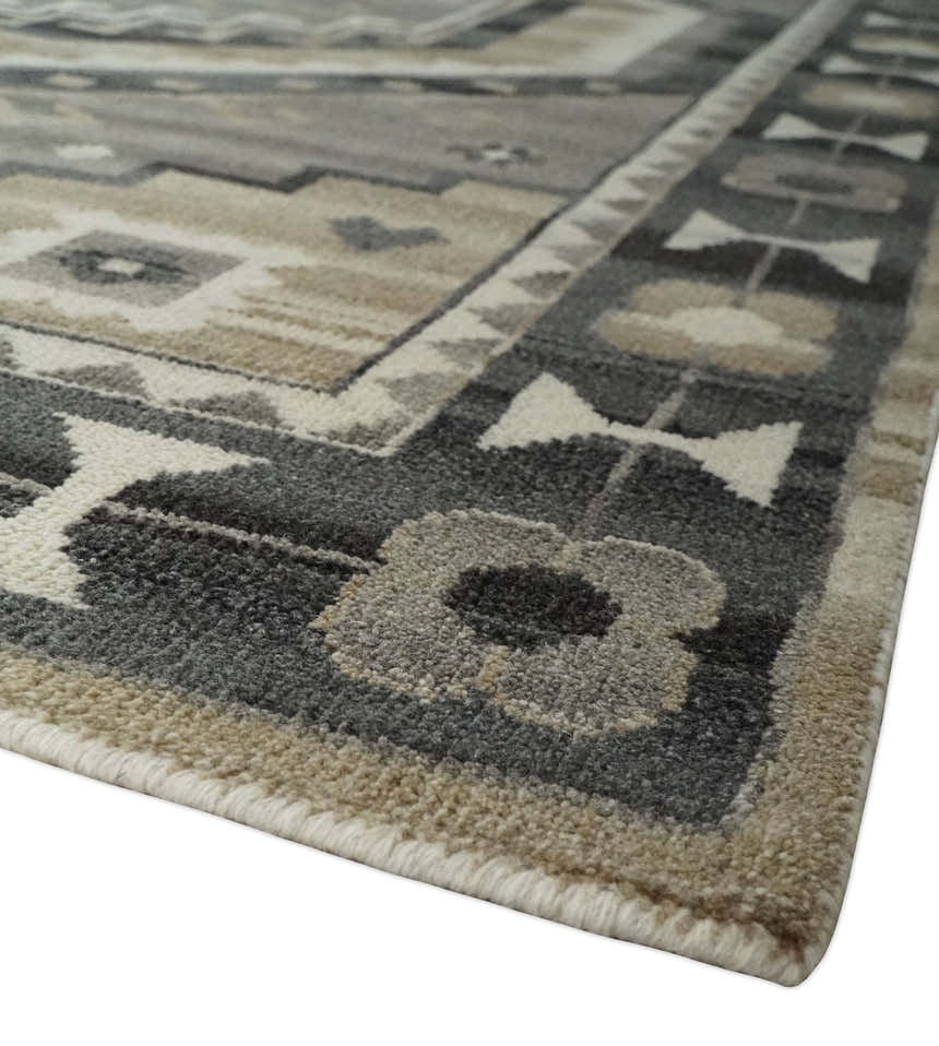 Hand Knotted Ivory, Charcoal and Beige Traditional Medallion Natural Wool Multi Size Area Rug, Kids, Living Room and Bedroom Rug