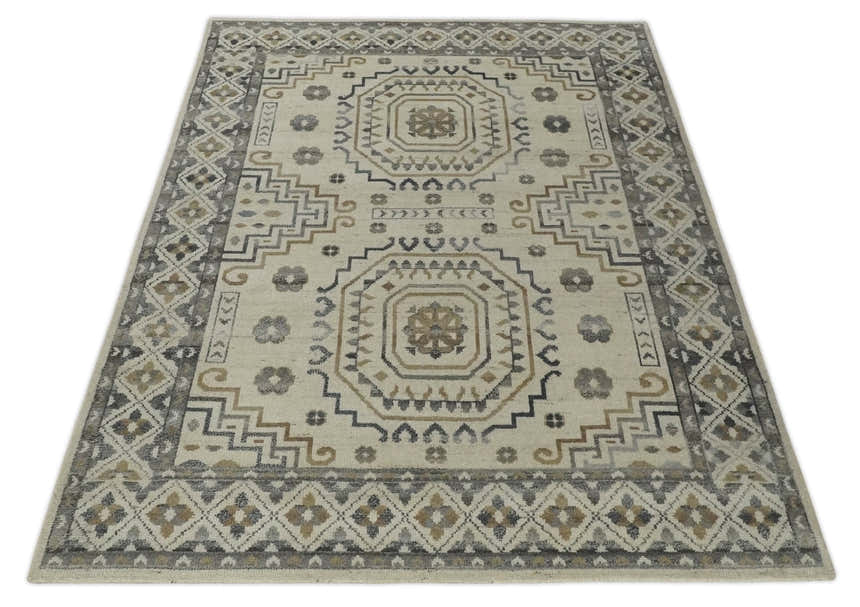 Hand Knotted Ivory, Gray and Beige Traditional Medallion Natural Wool Custom Made Area Rug, Kids, Living Room and Bedroom Rug