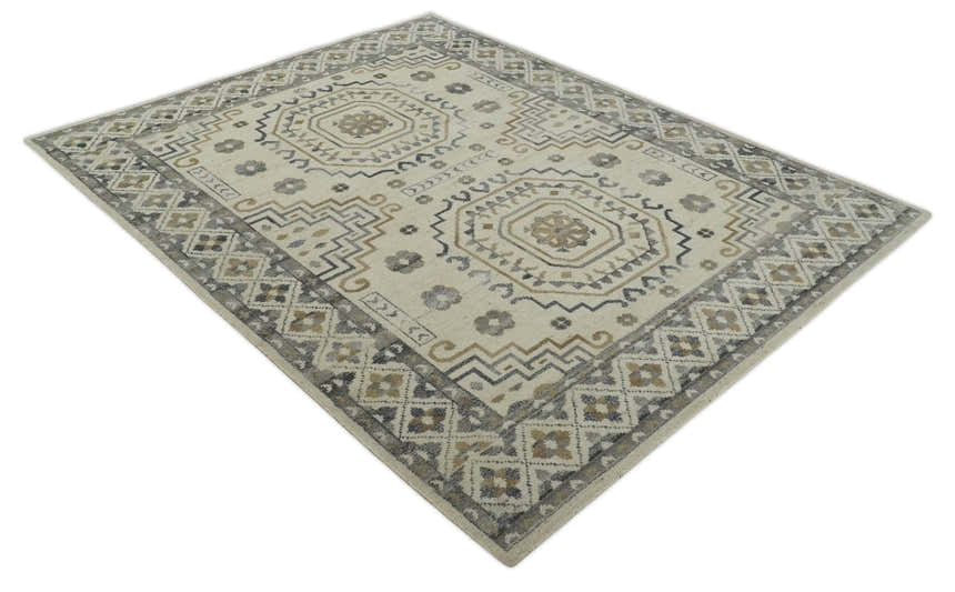Hand Knotted Ivory, Gray and Beige Traditional Medallion Natural Wool Custom Made Area Rug, Kids, Living Room and Bedroom Rug