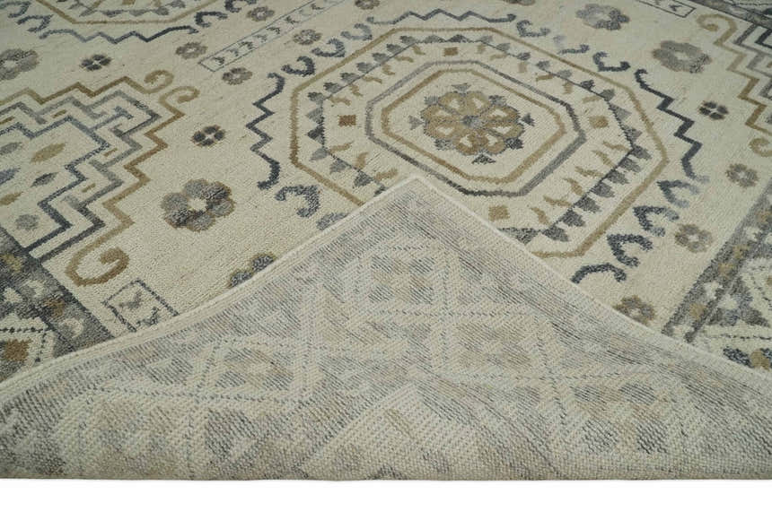 Hand Knotted Ivory, Gray and Beige Traditional Medallion Natural Wool Custom Made Area Rug, Kids, Living Room and Bedroom Rug