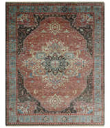 Hand Knotted Ivory, Rust and Blue Antique Persian Heriz Serapi Wool Rug, 5x8, 6x9, 8x10 and 9x12 Living Room Rug | TRD2557