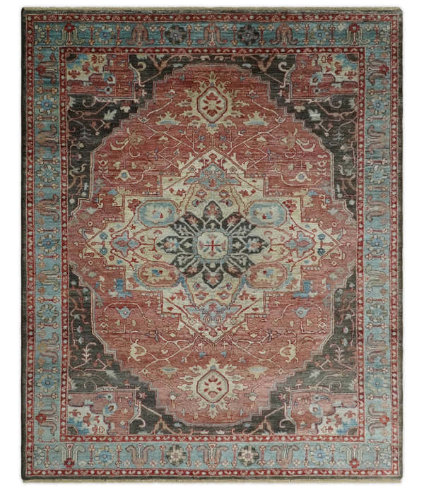Hand Knotted Ivory, Rust and Blue Antique Persian Heriz Serapi Wool Rug, 5x8, 6x9, 8x10 and 9x12 Living Room Rug | TRD2557