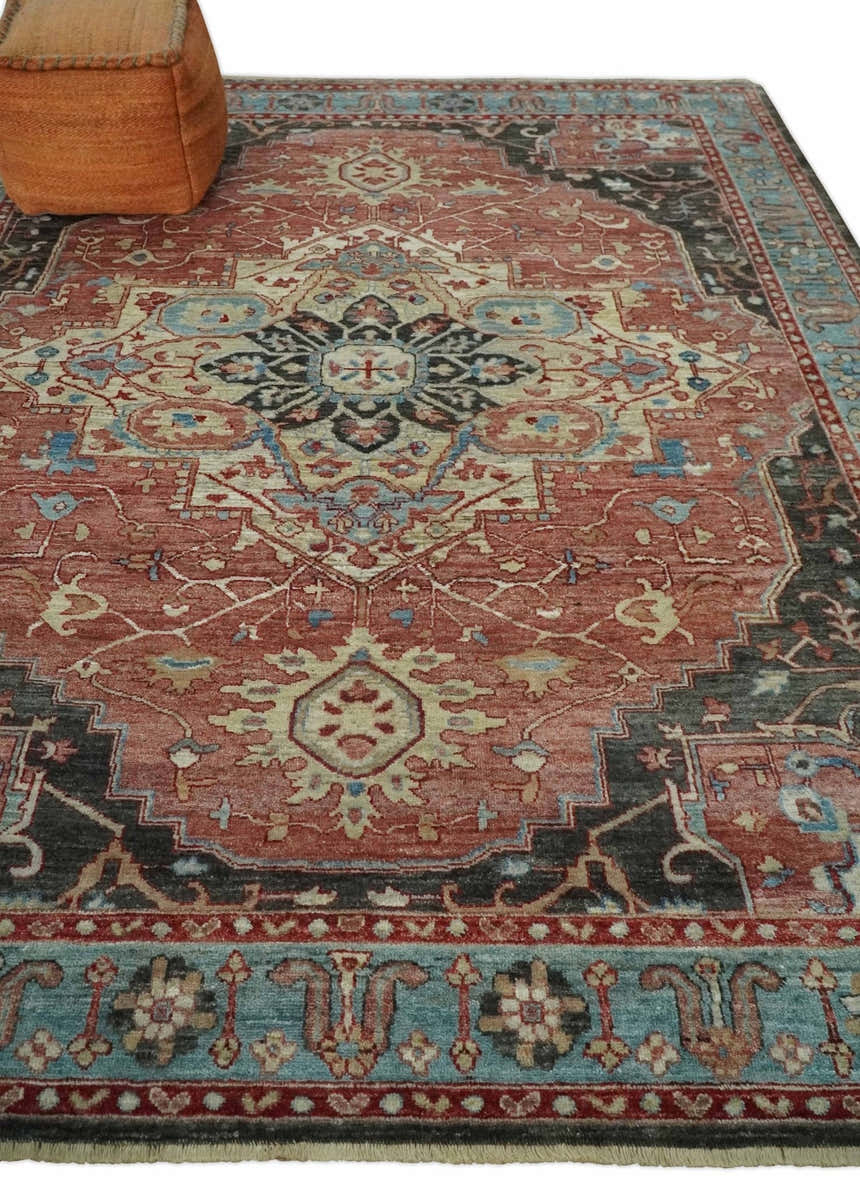 Hand Knotted Ivory, Rust and Blue Antique Persian Heriz Serapi Wool Rug, 5x8, 6x9, 8x10 and 9x12 Living Room Rug | TRD2557