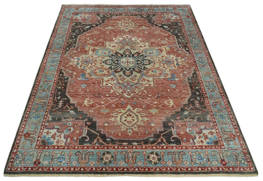 Hand Knotted Ivory, Rust and Blue Antique Persian Heriz Serapi Wool Rug, 5x8, 6x9, 8x10 and 9x12 Living Room Rug | TRD2557