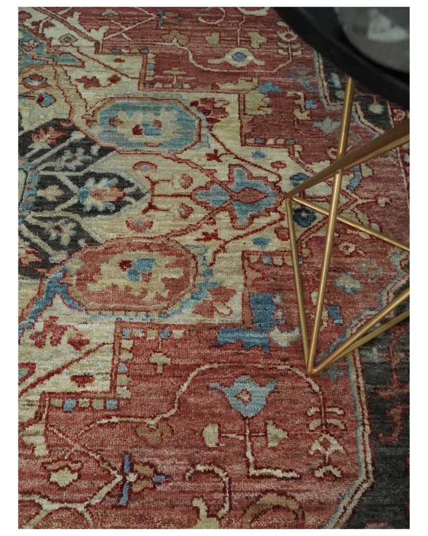 Hand Knotted Ivory, Rust and Blue Antique Persian Heriz Serapi Wool Rug, 5x8, 6x9, 8x10 and 9x12 Living Room Rug | TRD2557