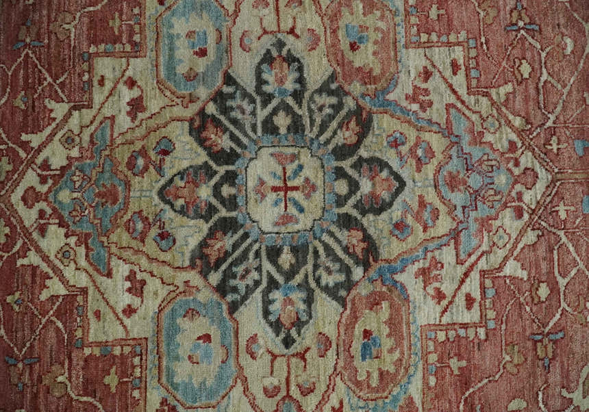 Hand Knotted Ivory, Rust and Blue Antique Persian Heriz Serapi Wool Rug, 5x8, 6x9, 8x10 and 9x12 Living Room Rug | TRD2557