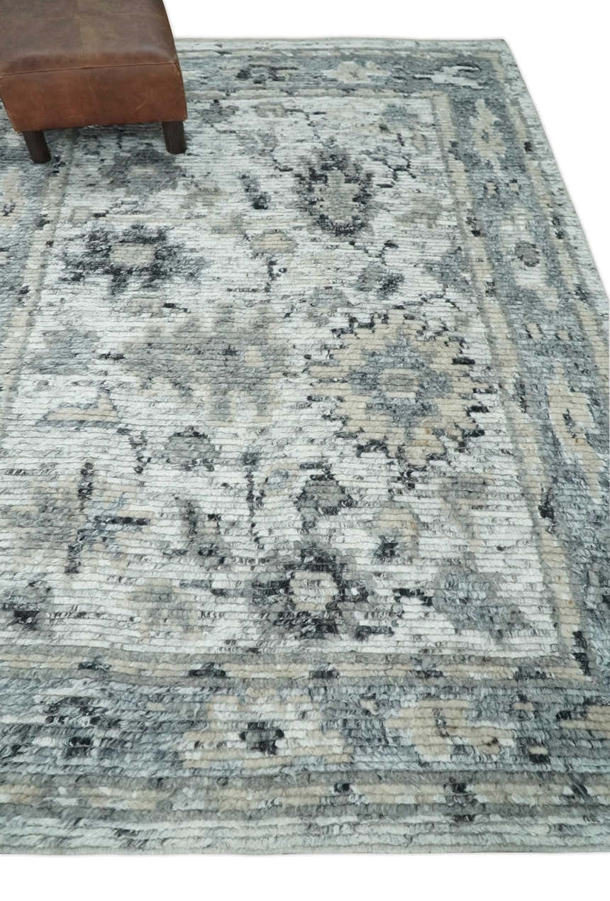 Hand Knotted Ivory, Silver and Beige Traditional Made with Blended Wool Multi Size Rug
