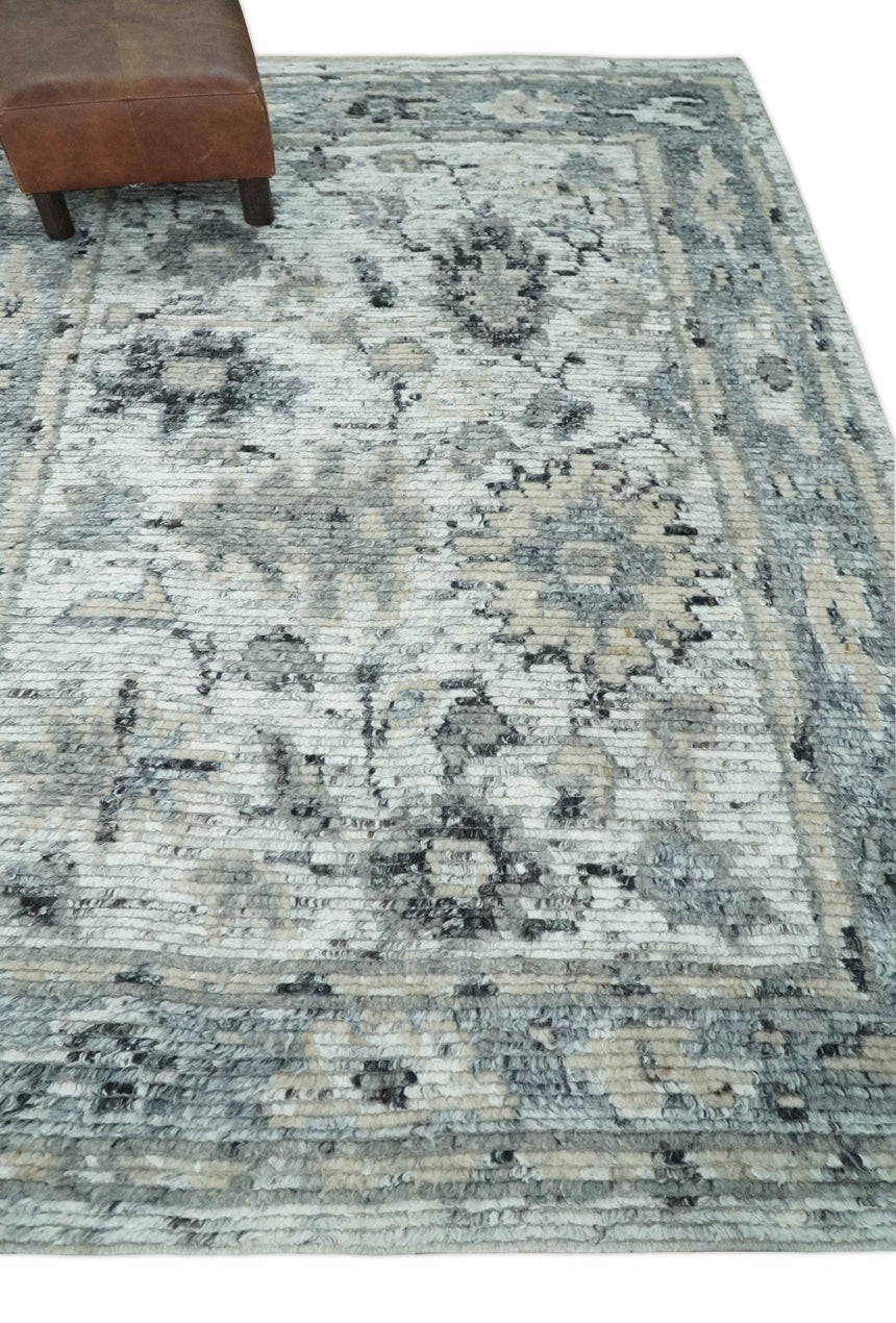 Hand Knotted Ivory, Silver and Beige Traditional Made with Blended Wool Multi Size Rug