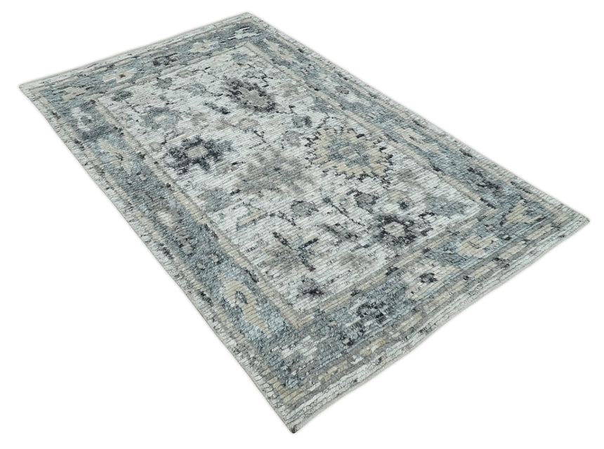 Hand Knotted Ivory, Silver and Beige Traditional Made with Blended Wool Multi Size Rug
