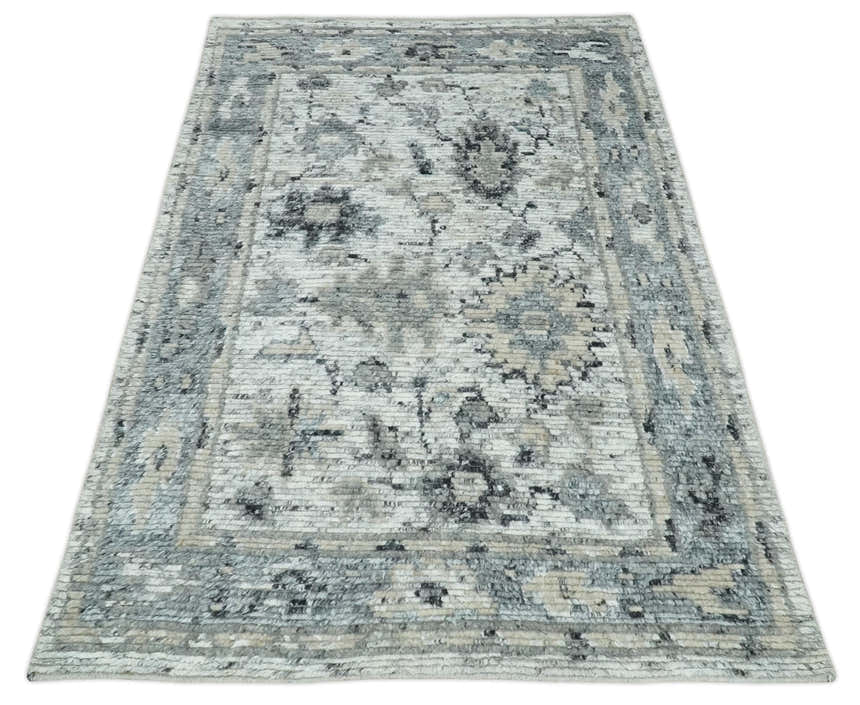 Hand Knotted Ivory, Silver and Beige Traditional Made with Blended Wool Multi Size Rug