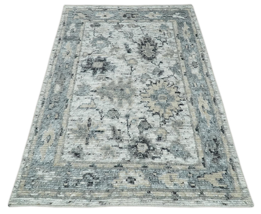 Hand Knotted Ivory, Silver and Beige Traditional Made with Blended Wool Multi Size Rug