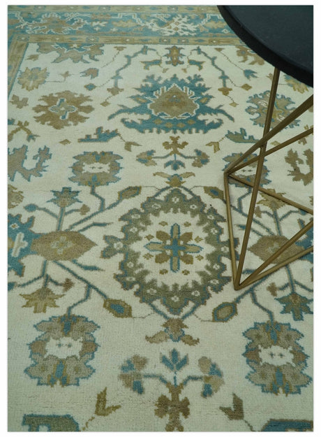 Hand Knotted Ivory, Teal and Beige Traditional Oriental Oushak Multi Size wool rug