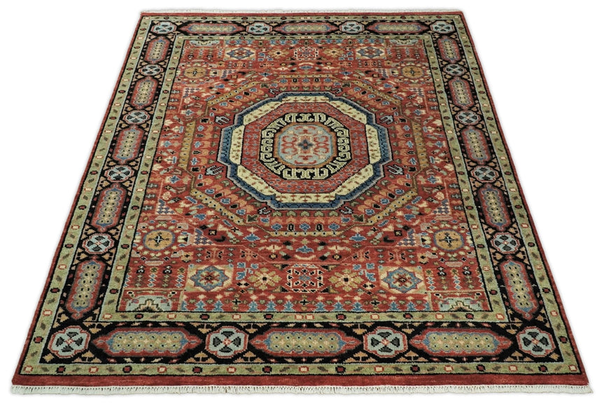 Hand Knotted Traditional Kazak Medallion Rust and Black Multi Size wool Area Rug