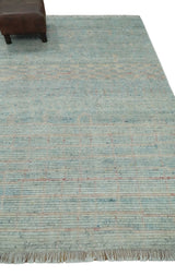 Hand Knotted Modern Abstract Blue and Peach Trellis Moroccan Made with Blended Wool Multi Size Area Rug