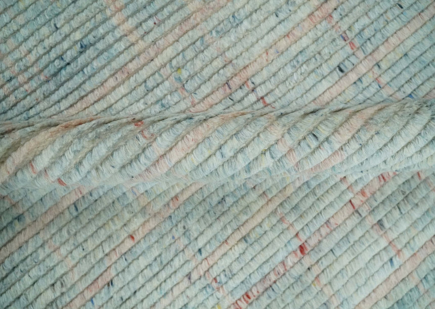 Hand Knotted Modern Abstract Blue and Peach Trellis Moroccan Made with Blended Wool Multi Size Area Rug