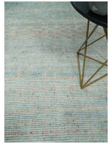 Hand Knotted Modern Abstract Blue and Peach Trellis Moroccan Made with Blended Wool Multi Size Area Rug