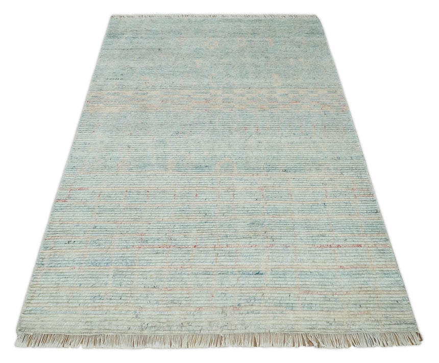 Hand Knotted Modern Abstract Blue and Peach Trellis Moroccan Made with Blended Wool Multi Size Area Rug
