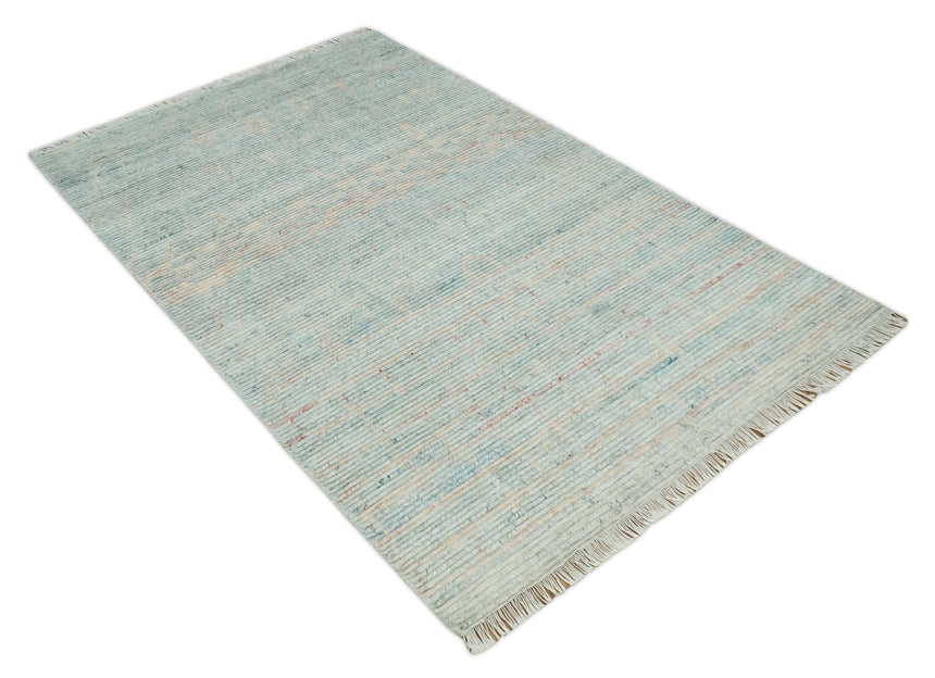 Hand Knotted Modern Abstract Blue and Peach Trellis Moroccan Made with Blended Wool Multi Size Area Rug