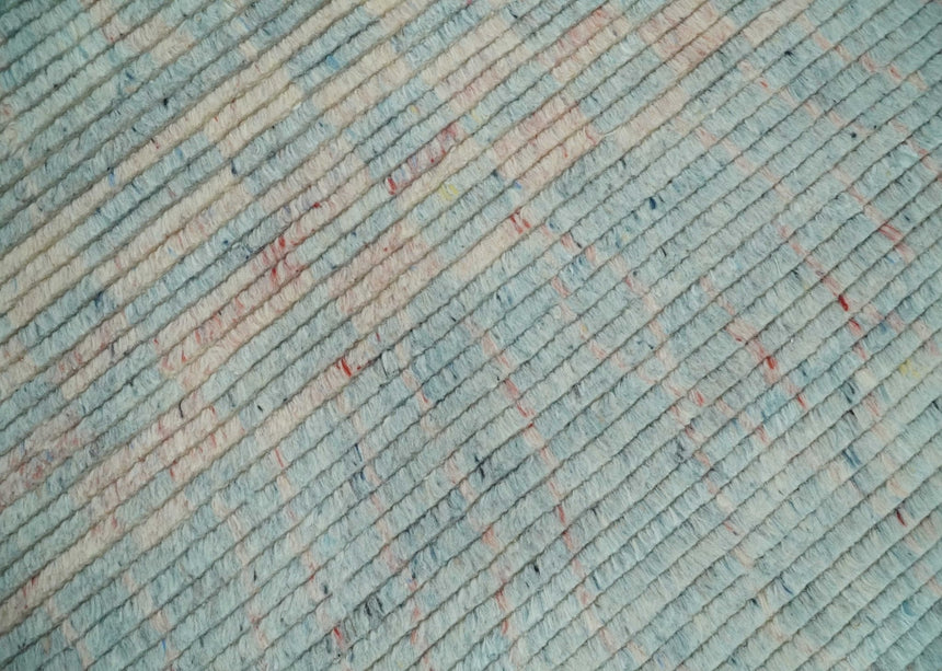 Hand Knotted Modern Abstract Blue and Peach Trellis Moroccan Made with Blended Wool Multi Size Area Rug