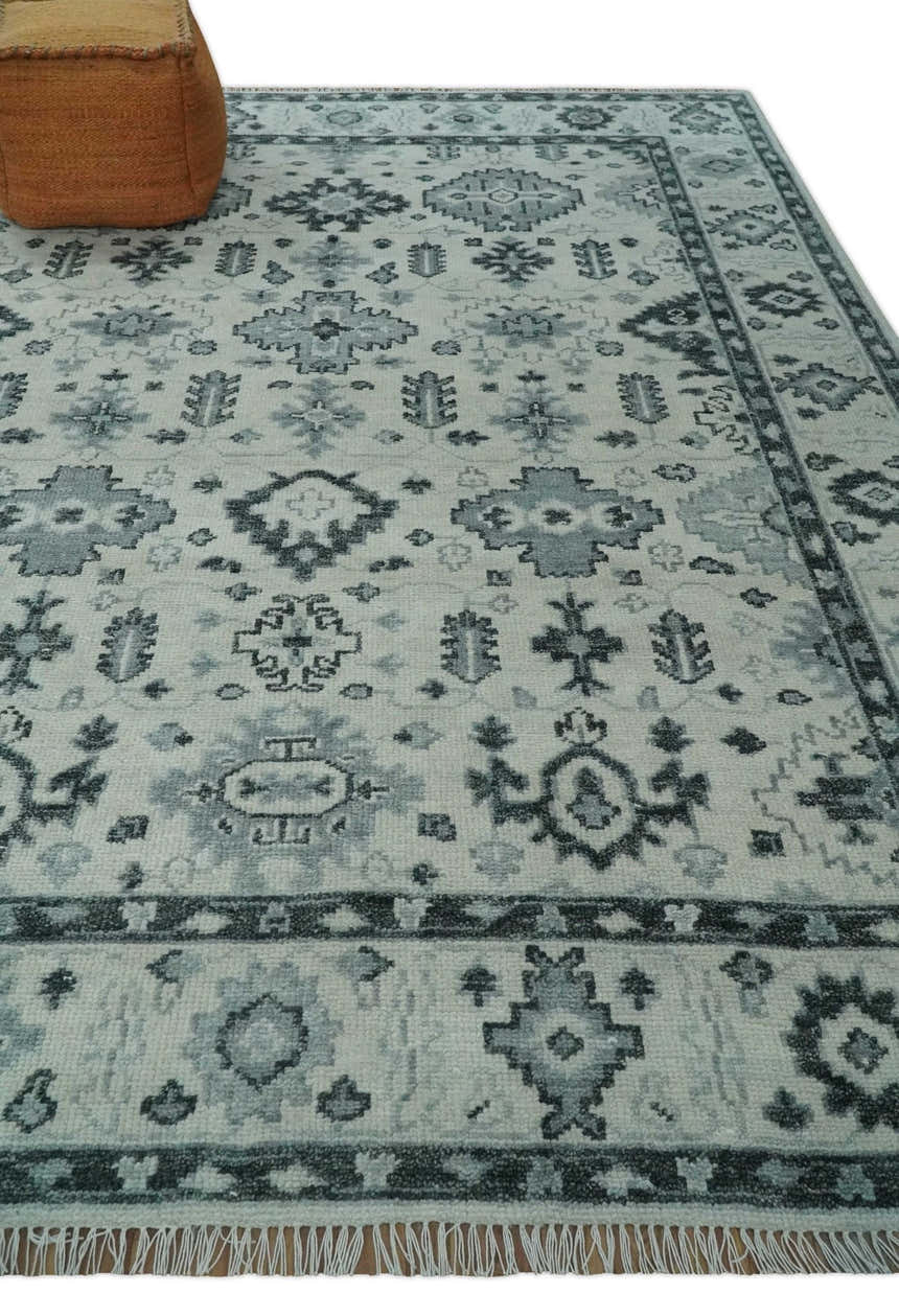 Hand Knotted Multi size Ivory, Silver and Charcoal Antique Turkish  Oushak Wool Area Rug