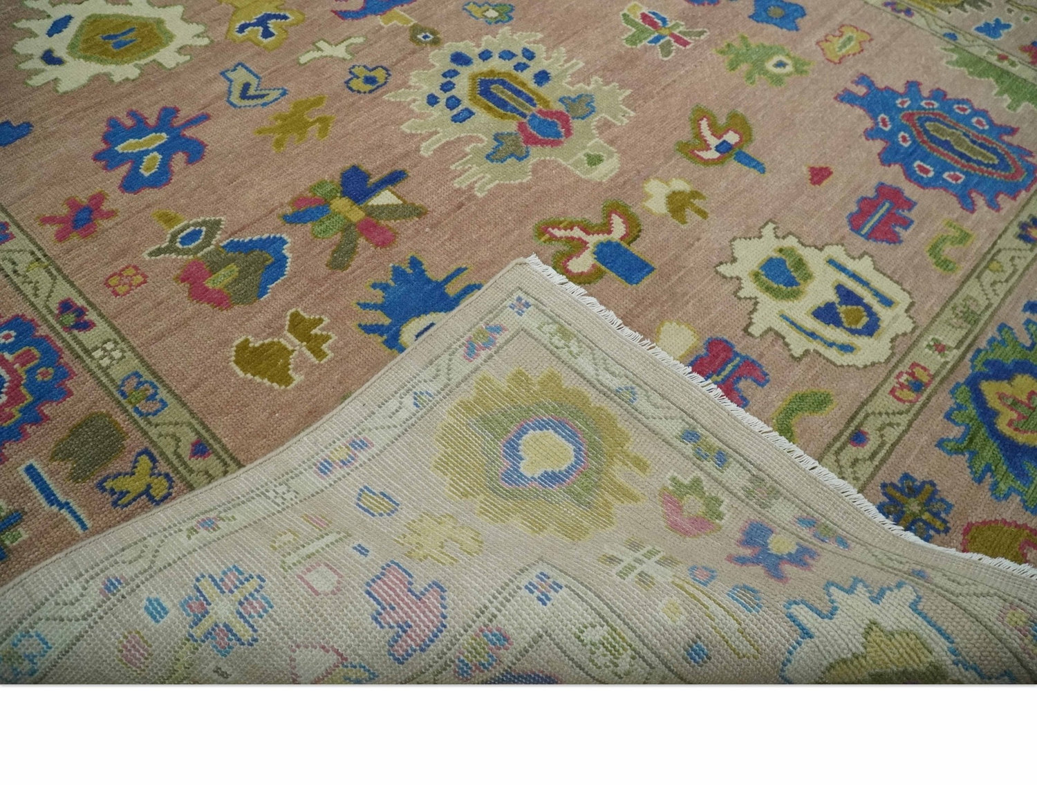 Hand Knotted Multi Size Antique Style Peach and Beige Traditional colorful Oushak Wool Rug
