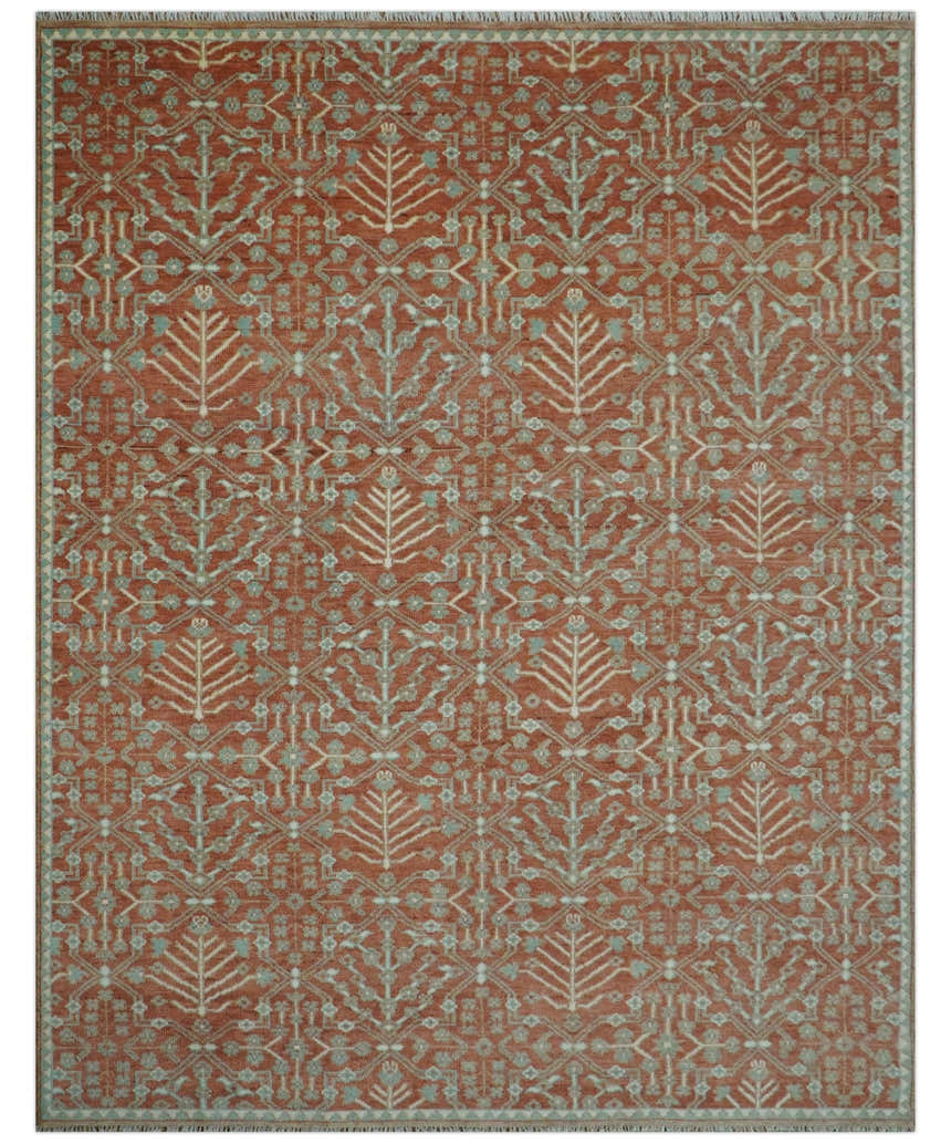 Hand knotted Multi Size Rust and Aqua Floral wool Area Rug