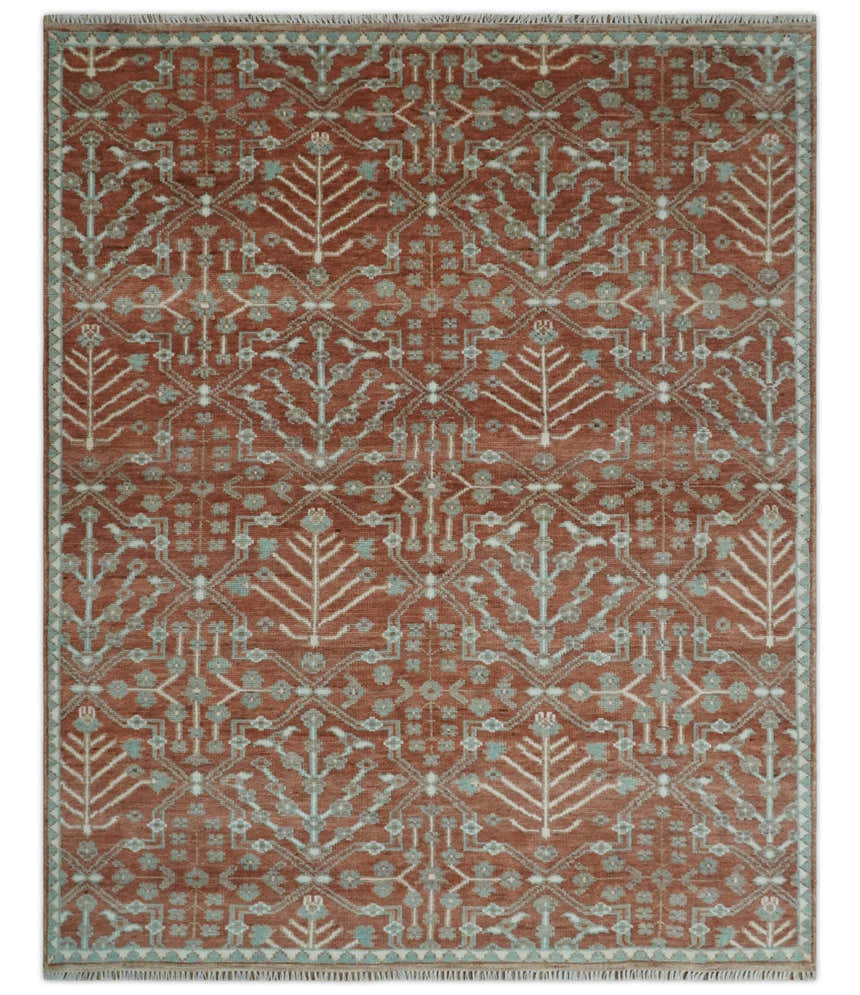 Hand knotted Multi Size Rust and Aqua Floral wool Area Rug