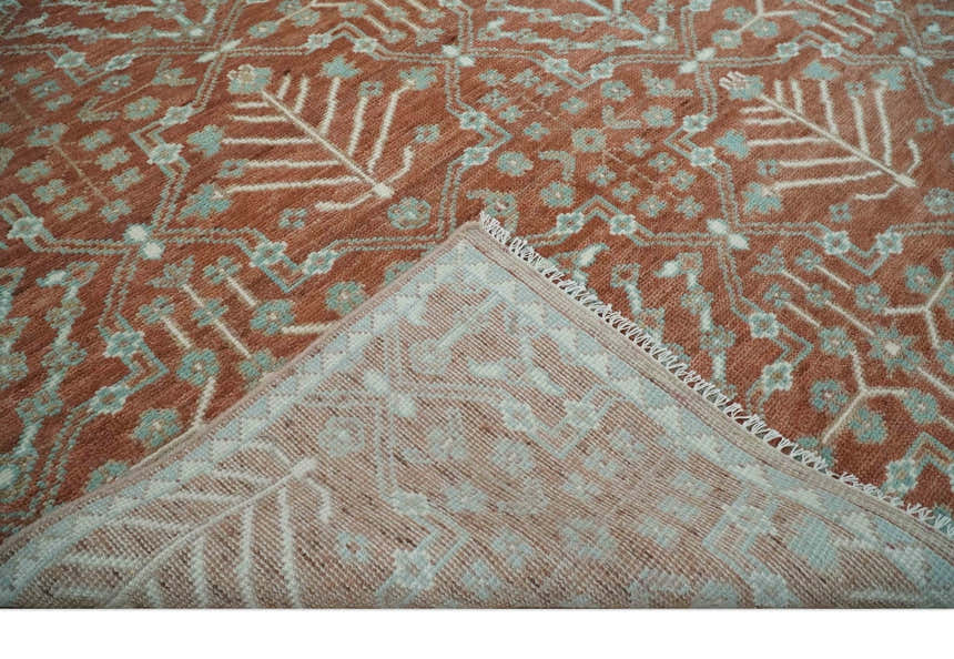Hand knotted Multi Size Rust and Aqua Floral wool Area Rug