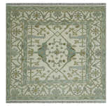 Hand Knotted Oriental Oushak Ivory and Teal Wool Area Rug
