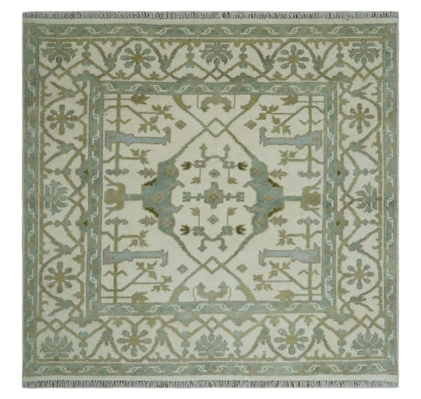 Hand Knotted Oriental Oushak Ivory and Teal Wool Area Rug